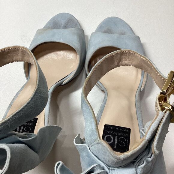 ISLO Isabella Lorusso Back Bow Open Toe Light Blue Suede Heels Size EU 37 - Picture 10 of 16